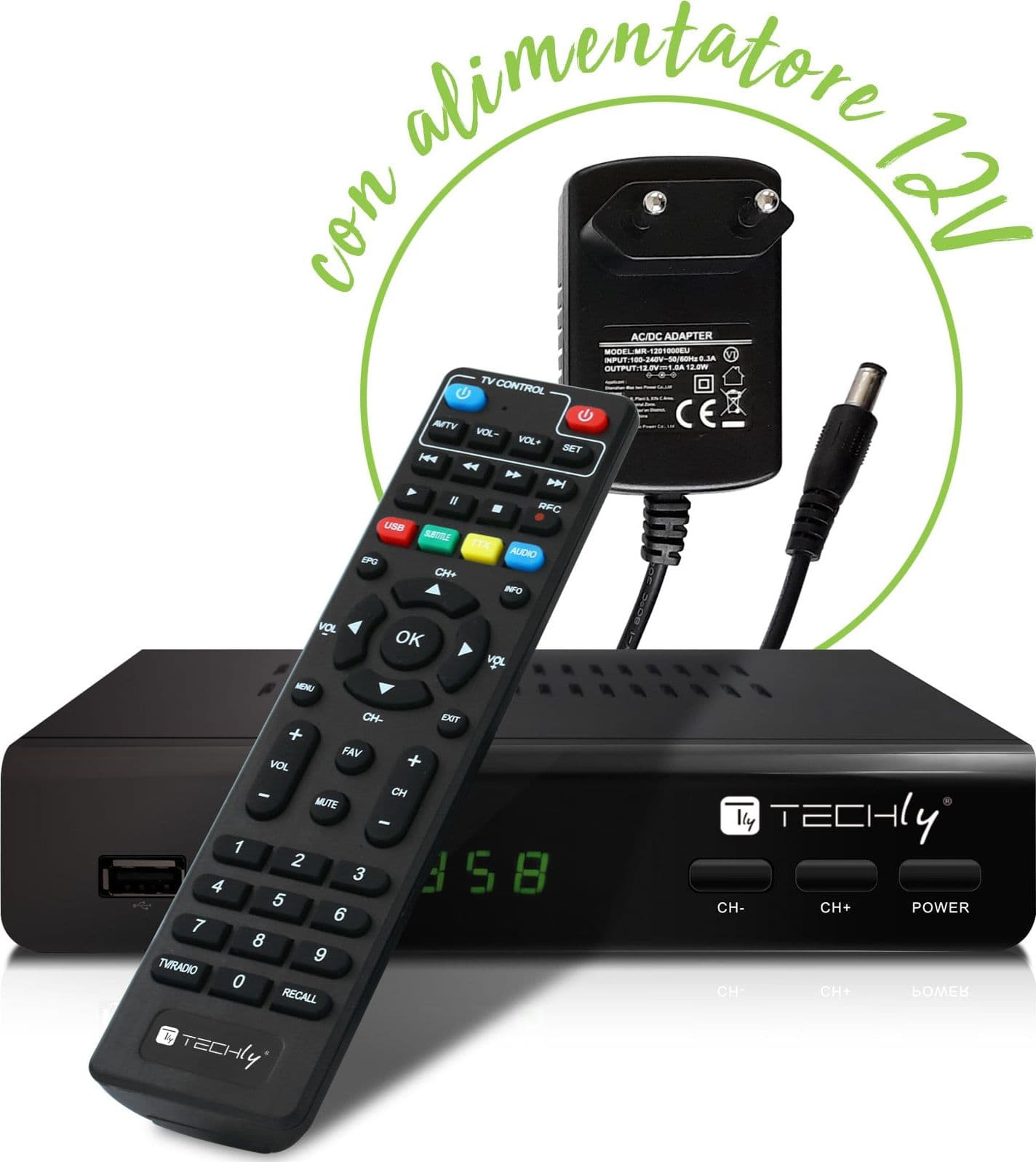 Decoder Ricevitore Digitale Terrestre DVB-T/T2 H.265 HEVC 10bit Metallo con Telecomando Universale 2 in 1 con Alimentatore 12V - 11