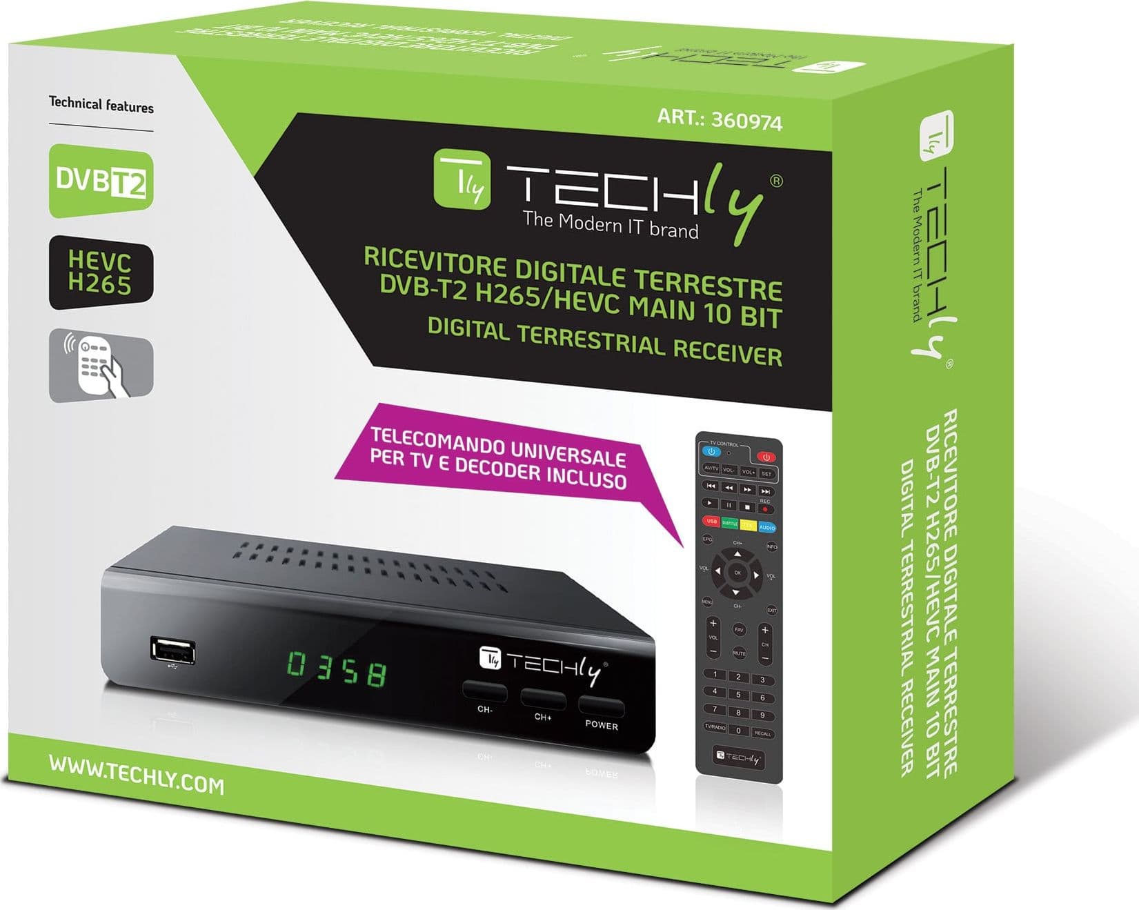 Decoder Ricevitore Digitale Terrestre DVB-T/T2 H.265 HEVC 10bit Metallo con Telecomando Universale 2 in 1 con Alimentatore 12V - 12