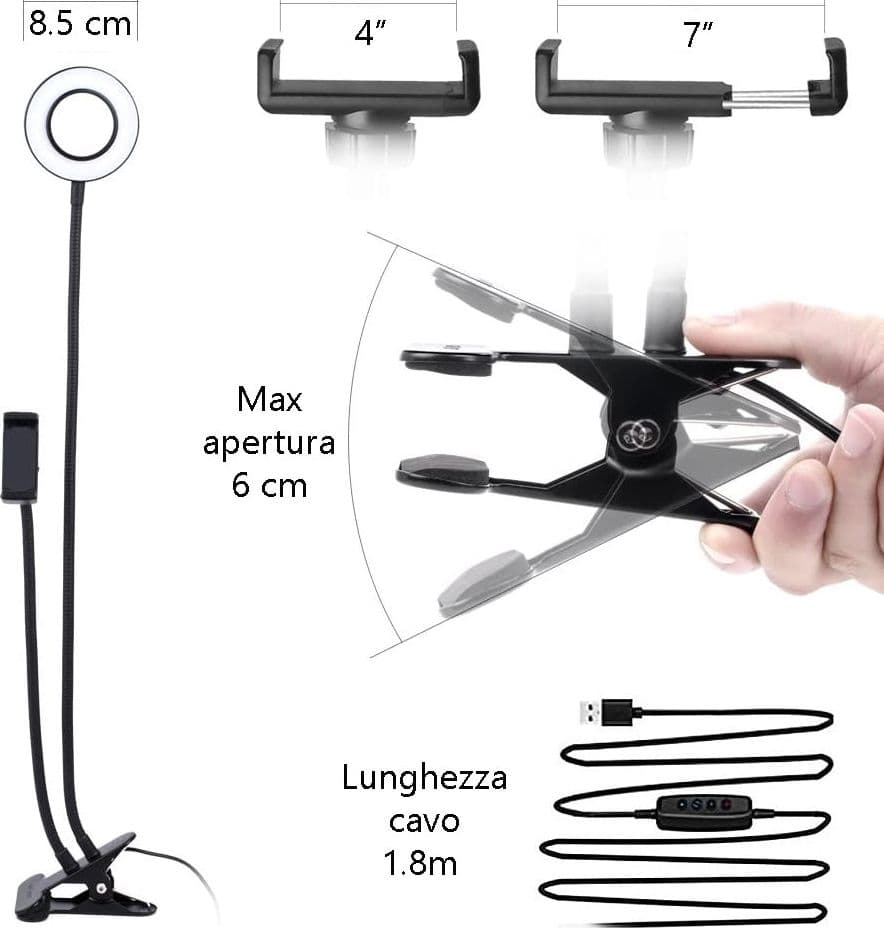 Luce LED Anello Portatile Regolazione Luminosit&agrave e Stand Smartphone - 6