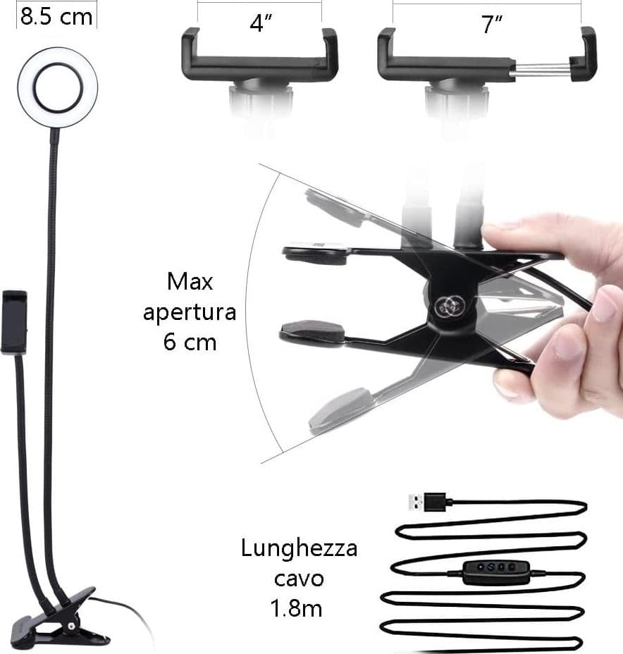 Luce LED Anello Portatile Regolazione Luminosit&agrave e Stand Smartphone - 7