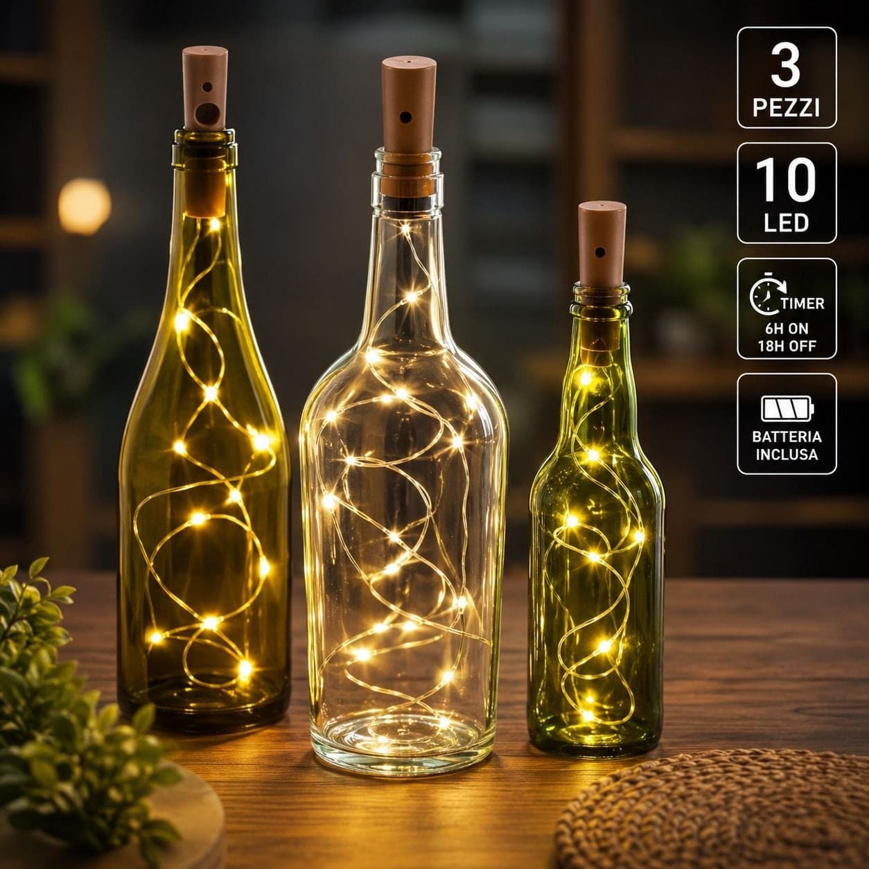 Confezione da 3pz Catena Luminosa per Bottiglie da 10 LED con Timer - 11