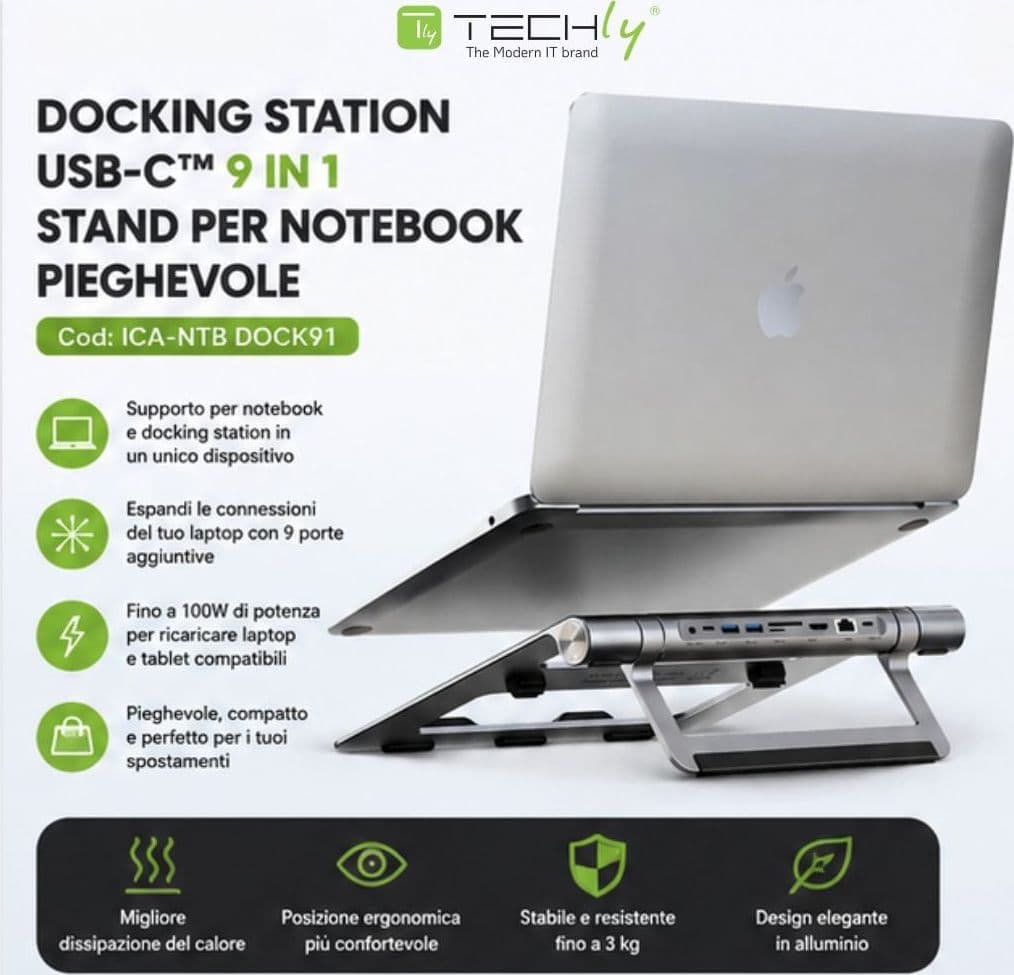Docking Station USB-C&trade 9 in 1 Hub USB3.2 Stand per Notebook Pieghevole - 14