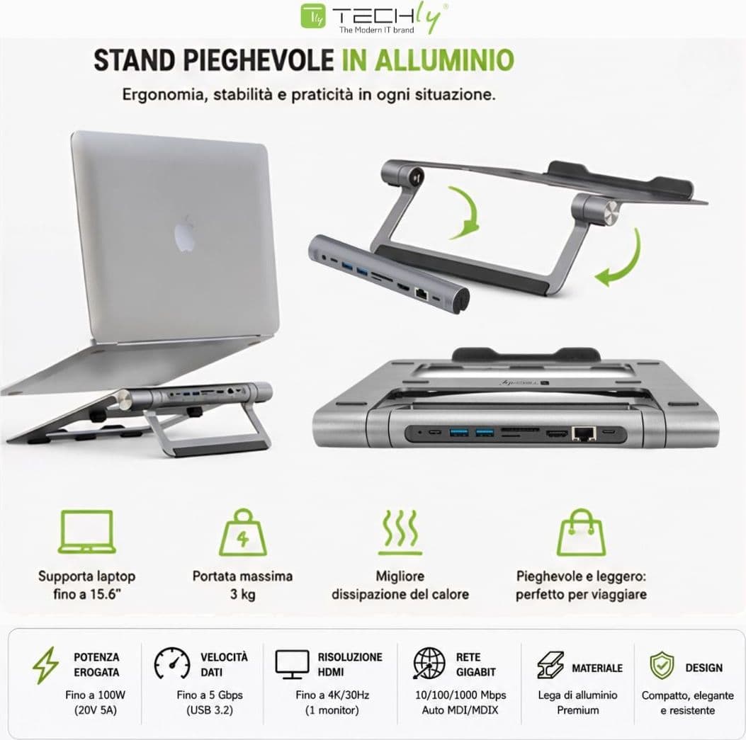 Docking Station USB-C&trade 9 in 1 Hub USB3.2 Stand per Notebook Pieghevole - 15