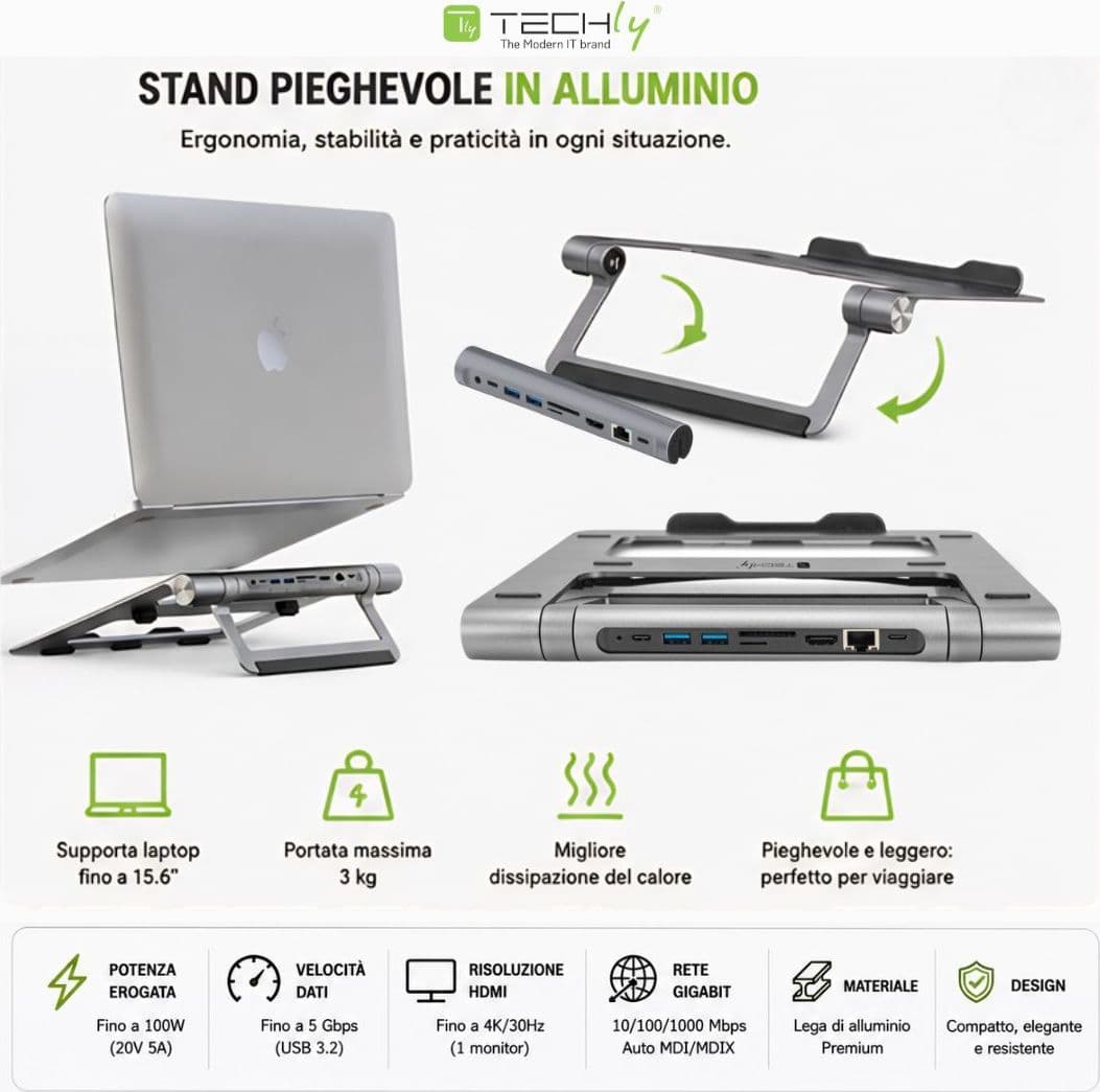 Docking Station USB-C&trade 9 in 1 Hub USB3.2 Stand per Notebook Pieghevole - 16