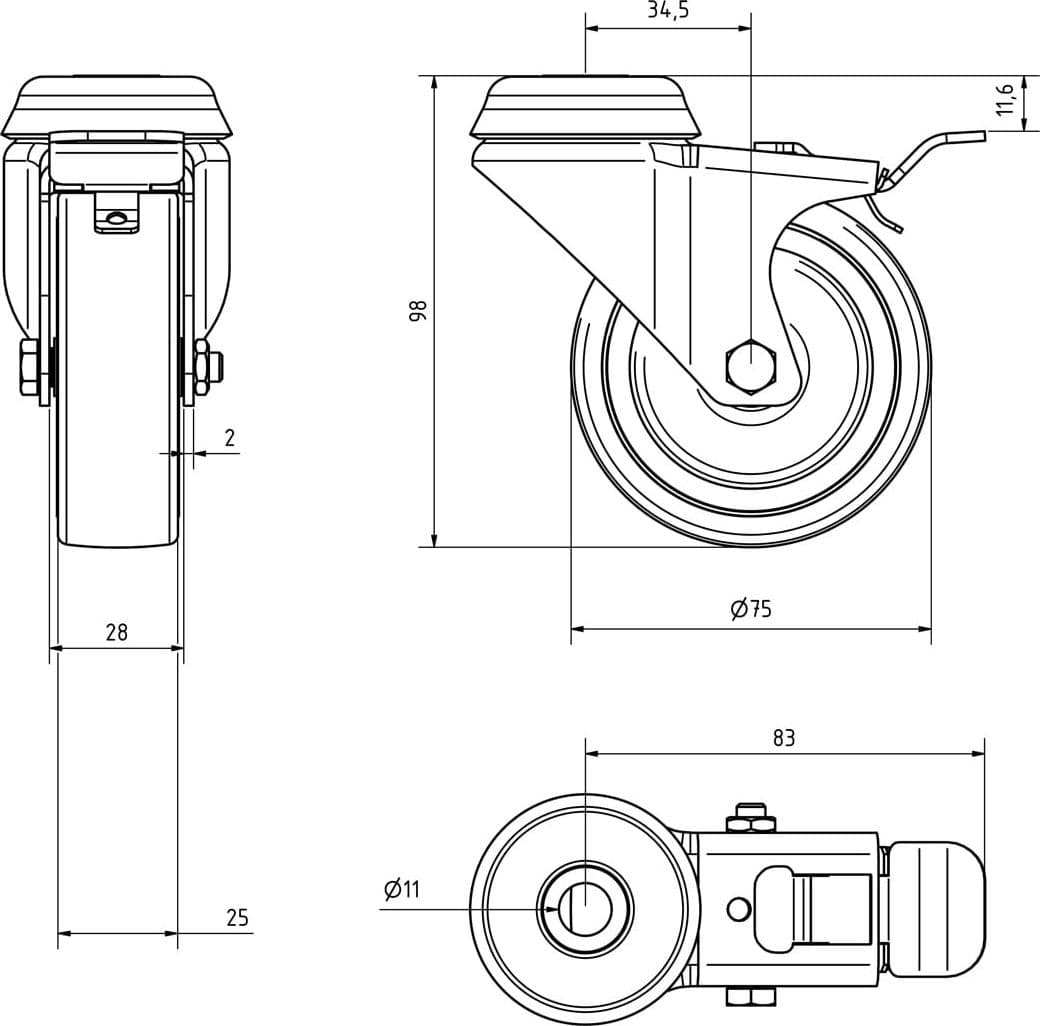 Kit 4 Ruote per Armadi Dotati di Foro per Perno M10 - 14