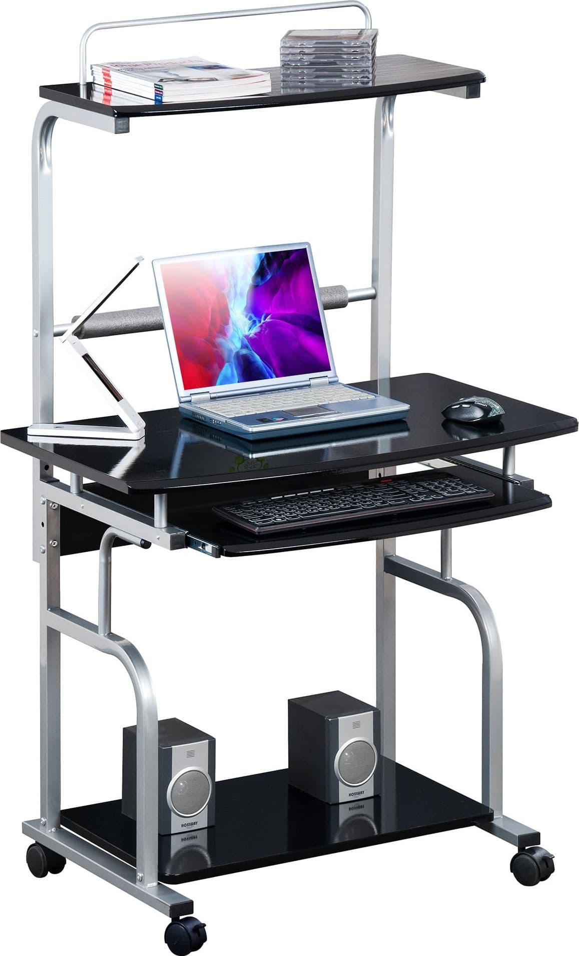 Scrivania Mobile per PC Stampante con Tastiera Estraibile Nero Lucido - 13