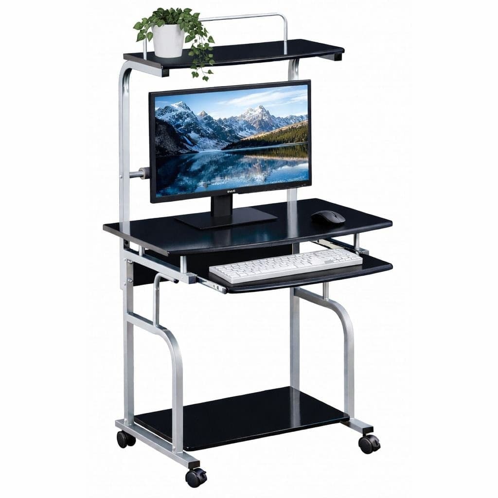 Scrivania Mobile per PC Stampante con Tastiera Estraibile Nero Lucido - 15
