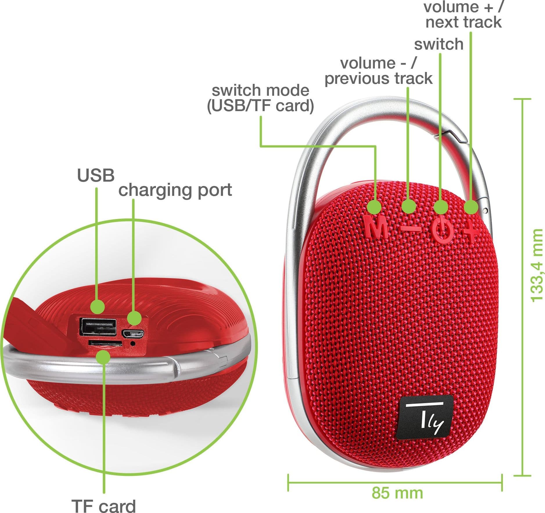 Mini Altoparlante Wireless BT V5.3 Speaker Luce LED Vivavoce TF USB Rosso - 13