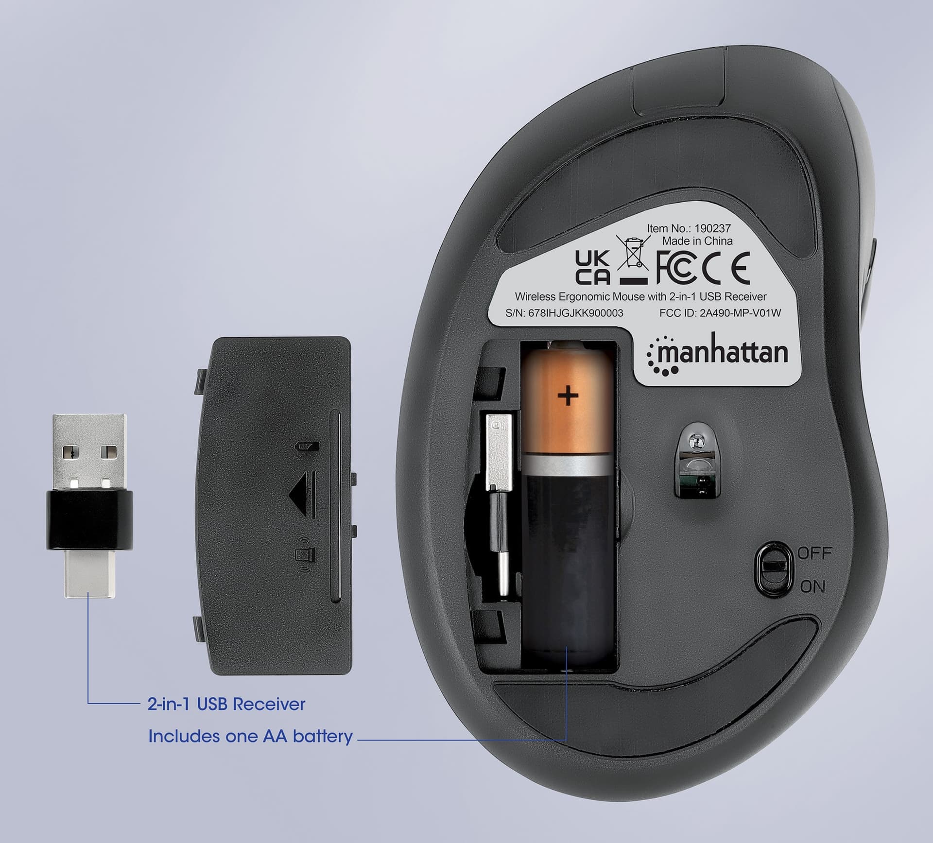 Mouse ergonomico wireless con ricevitore USB 2 in 1 - 30
