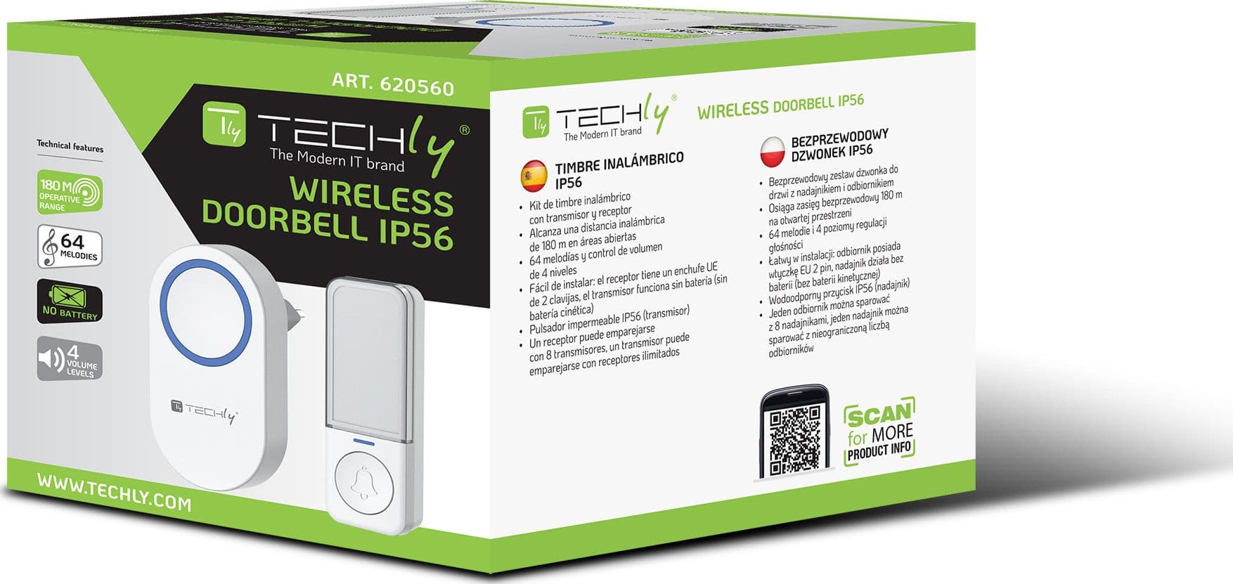 Kit Campanello Wireless fino a 180m con Pulsante IP56 Battery Free - 12