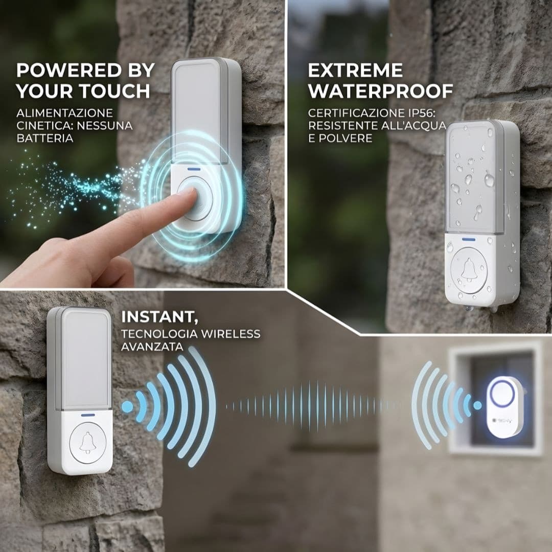 Kit Campanello Wireless fino a 180m con Pulsante IP56 Battery Free - 19