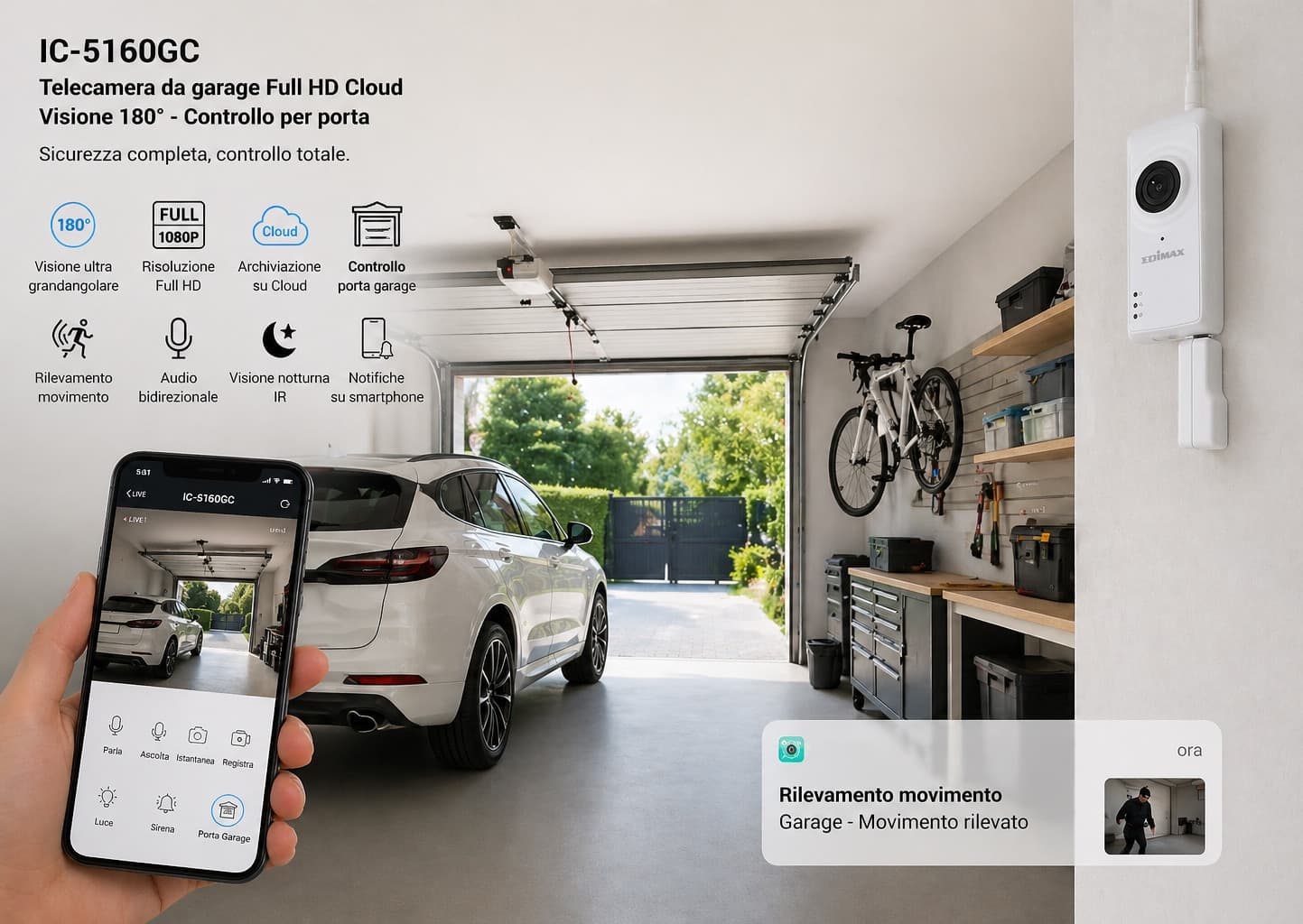 Telecamera da Garage Full HD Cloud Visione 180&deg Controllo per Porta, IC-5160GC - 7