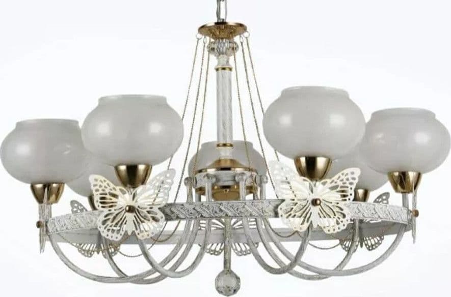 LAMPADARIO CLASSICO BIANCO ANTICATO SHABBY CHIC LAMPADA 7 COPPE CON FARFALLE 92433 - 3