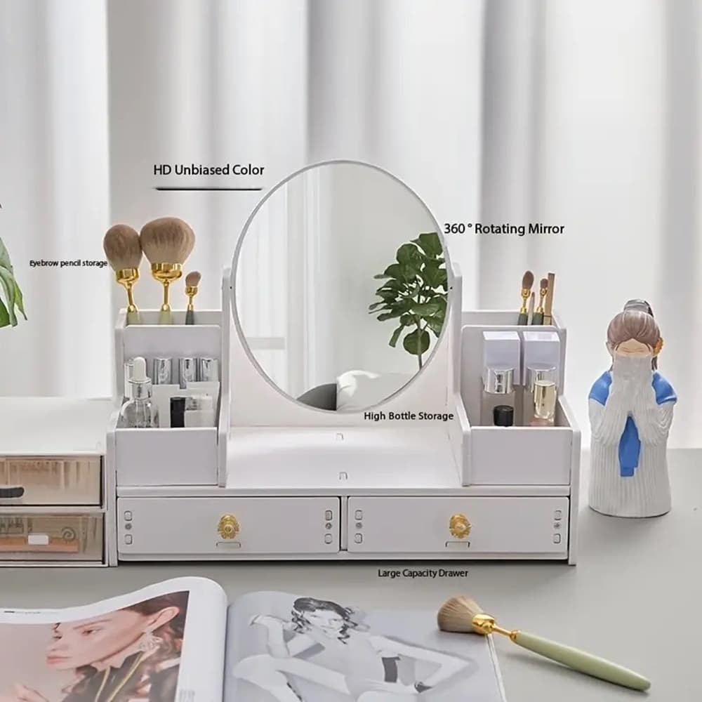 SPECCHIO TRUCCO CON CASSETTI IN LEGNO ORGANIZER GIOIELLI PENNELLI MONTAGGIO SU COMÒ - 6