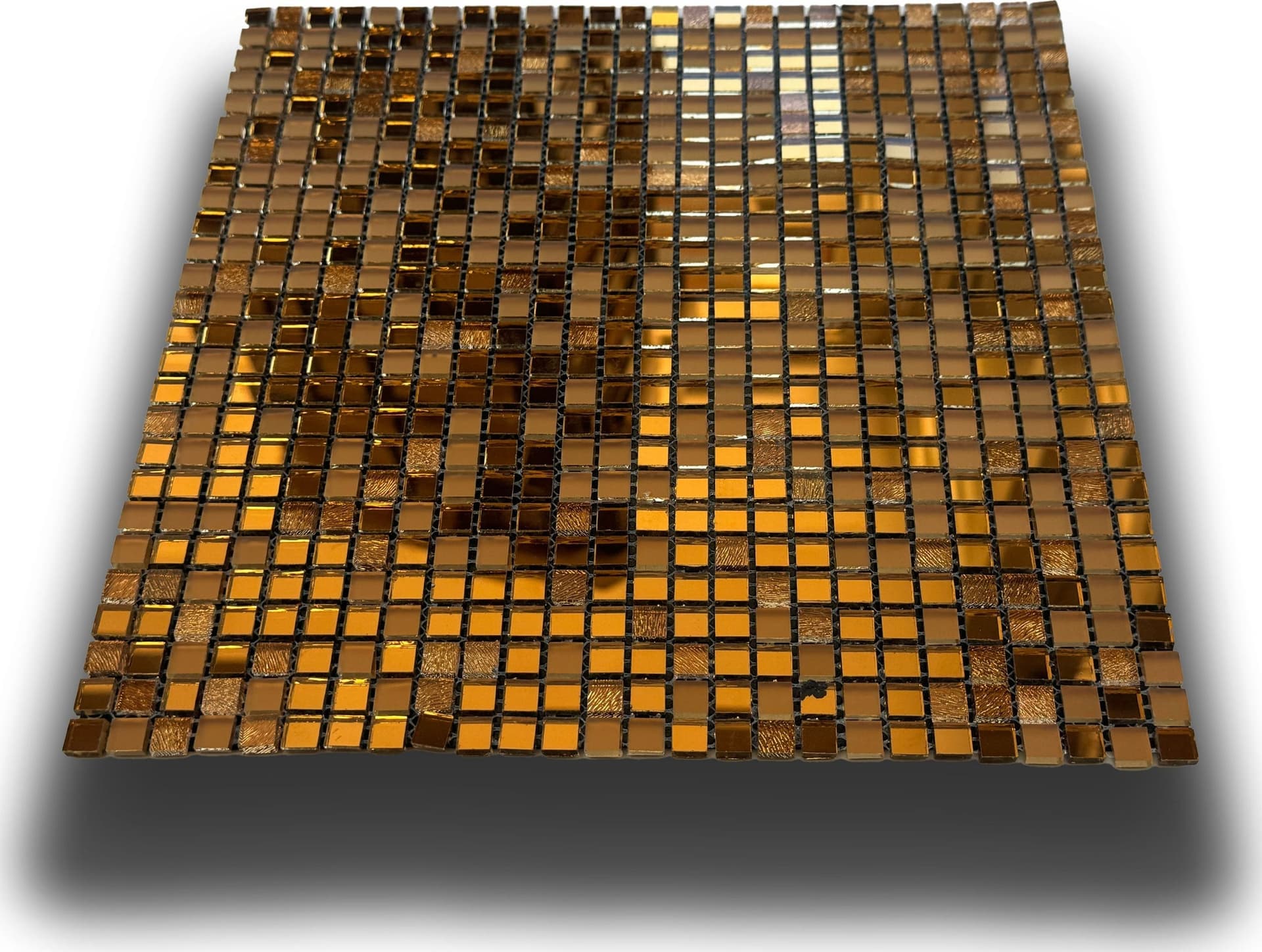 TOP di GAMMA! Piastrella autoadesiva in VETRO lucido mosaico 30x30cm (sp. 3mm) color ORO, idrofobo. - Eternal Parquet