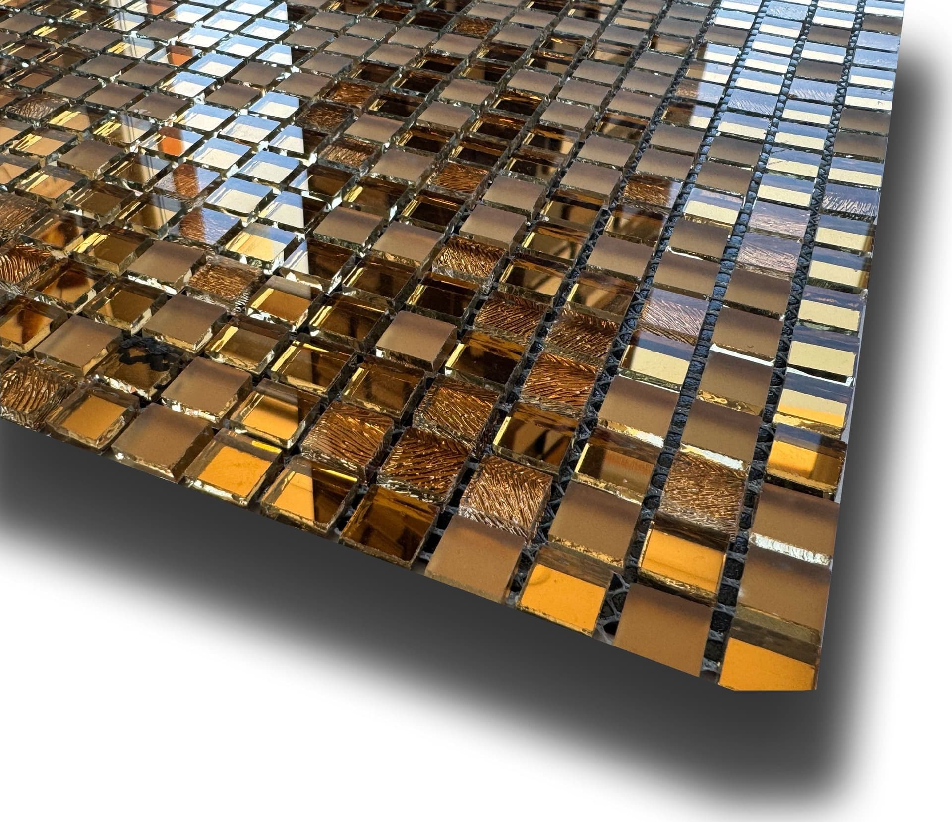 TOP di GAMMA! Piastrella autoadesiva in VETRO lucido mosaico 30x30cm (sp. 3mm) color ORO, idrofobo. - Eternal Parquet