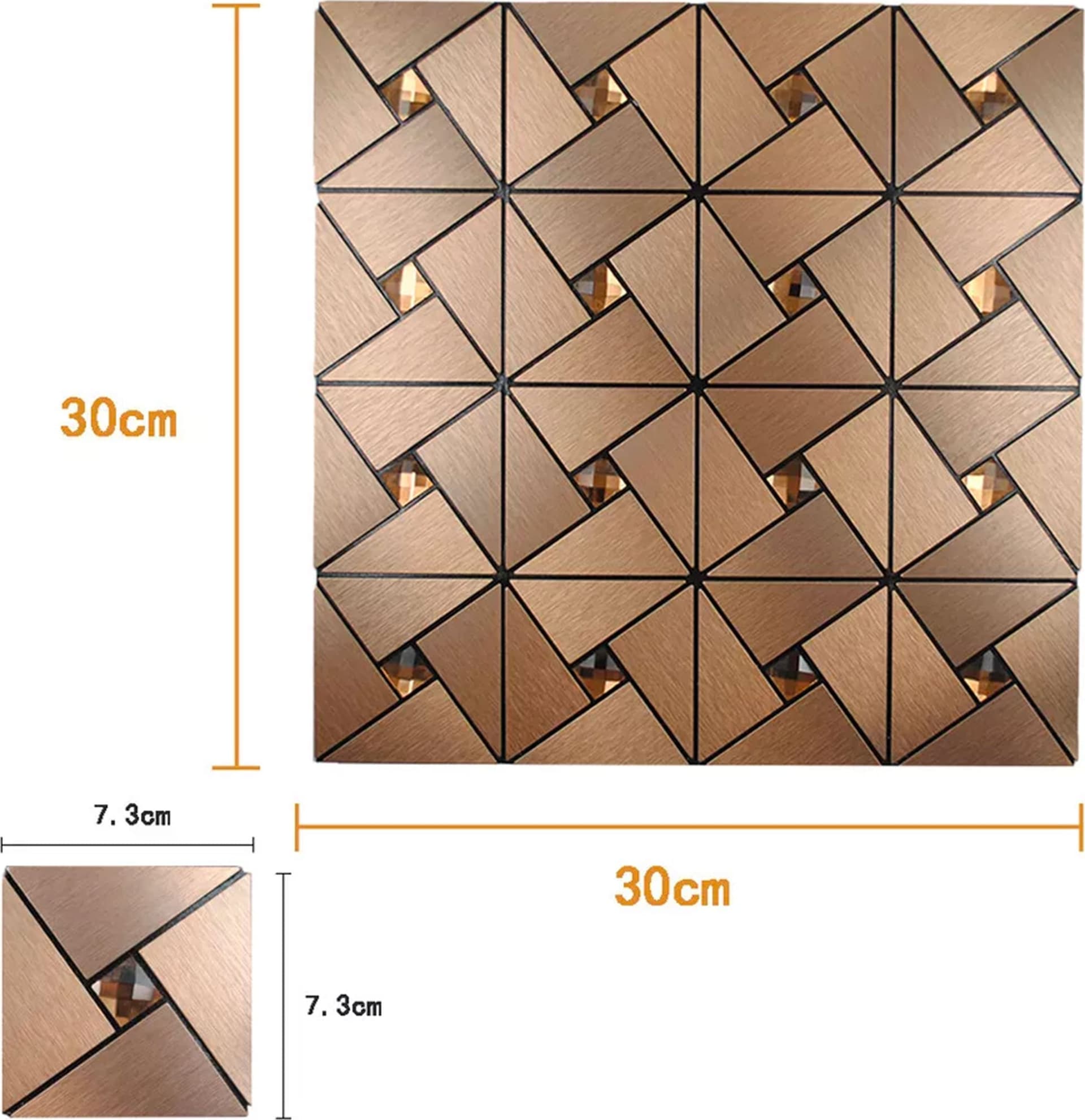TOP! Piastrella autoadesiva in vero alluminio satinato con inserti in vetro 30x30cm (sp. 3mm) color Rame - Eternal Parquet