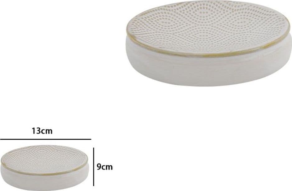 PIATTINO PORTA SAPONE ARREDO DA BAGNO BIANCO DESIGN ETNICO CON BORDO DORATO 87792 - 2