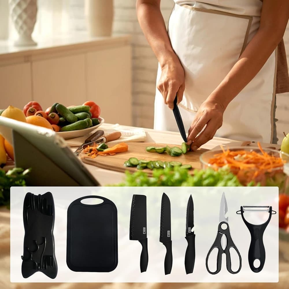 SET DI 7PZ COLTELLI DA CUCINA PROFESSIONALI CHEF FORBICI PELAPATATE ACCIAIO NERO - 7
