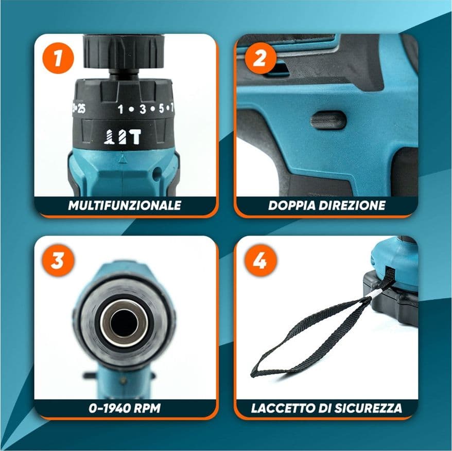KIT DA 100 PEZZI COMPLETO DI ATTREZZI CON TRAPANO AVVITATORE A BATTERIA VALIGIETTA - 6