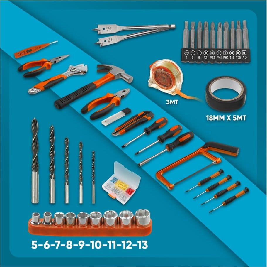 KIT DA 100 PEZZI COMPLETO DI ATTREZZI CON TRAPANO AVVITATORE A BATTERIA VALIGIETTA - 9