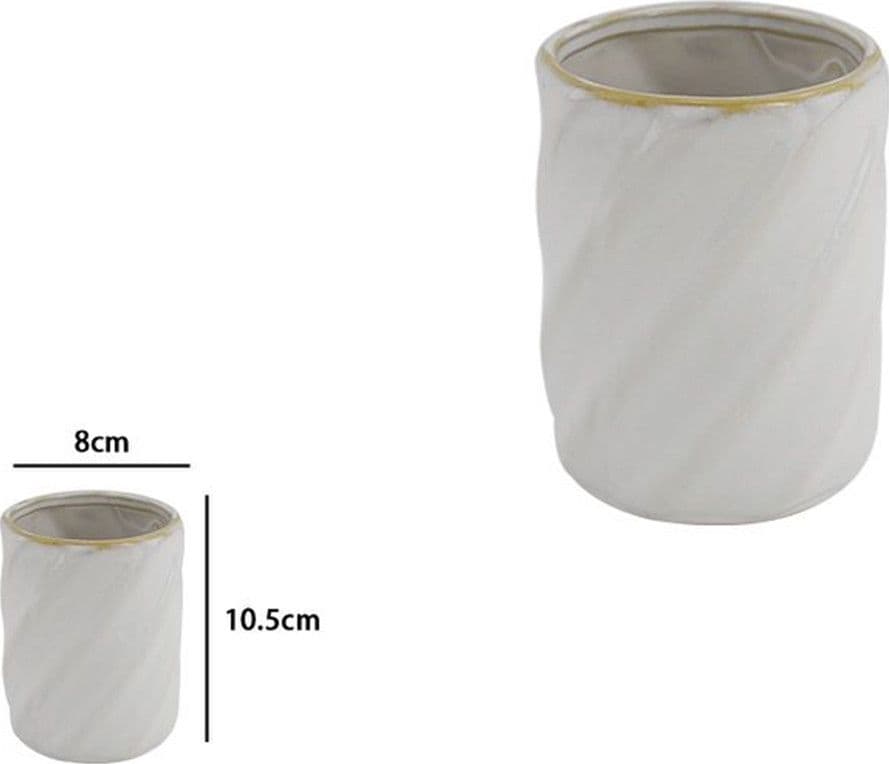 BICCHIERE PORTA SPAZZOLINI CERAMICA RIGATO OBBLIQUO BIANCO BORDO ORO ARREDO BAGNO 87799 - 2