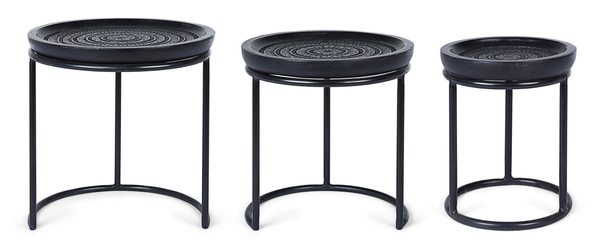 Tavolino "Kirtan" in acciaio e piano in legno di mango per arredamento set da 3 in Console e tavoli da divano Decor Space - Altamura, commercioVirtuoso.it