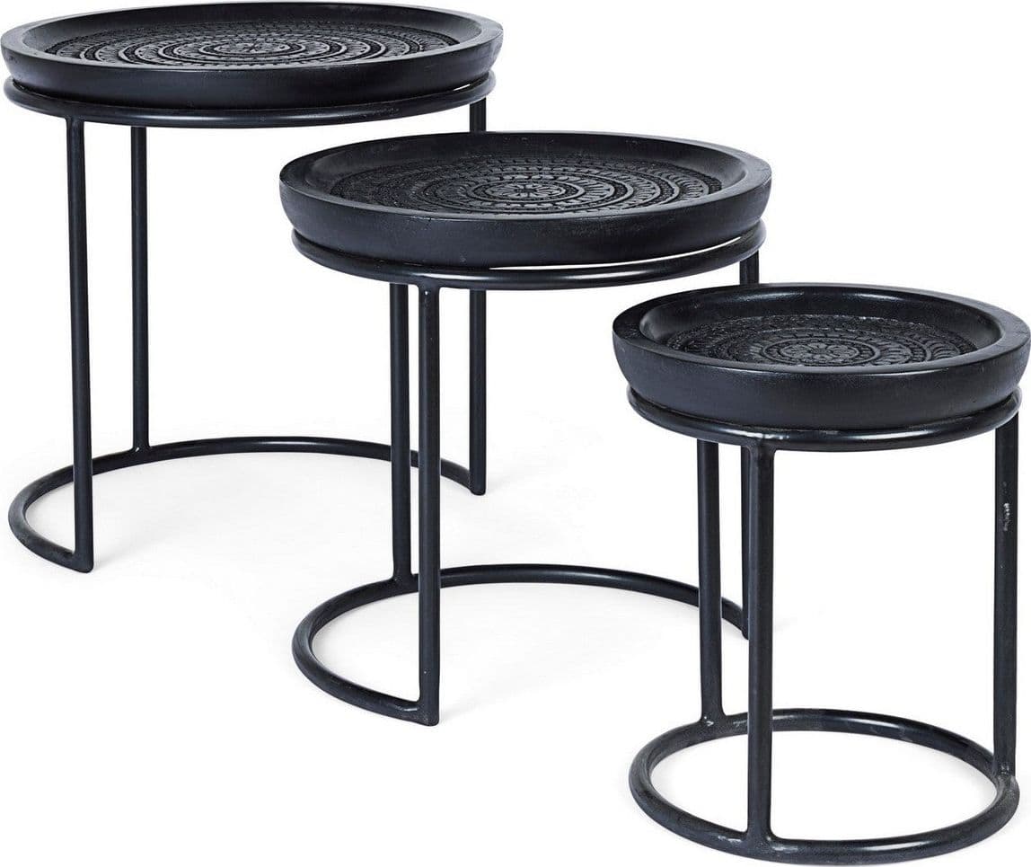 Tavolino "Kirtan" in acciaio e piano in legno di mango per arredamento set da 3 in Console e tavoli da divano Decor Space - Altamura, commercioVirtuoso.it