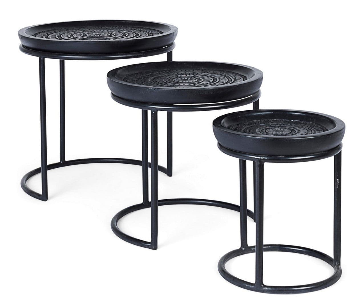 Tavolino "Kirtan" in acciaio e piano in legno di mango per arredamento set da 3 in Console e tavoli da divano Decor Space - Altamura, commercioVirtuoso.it
