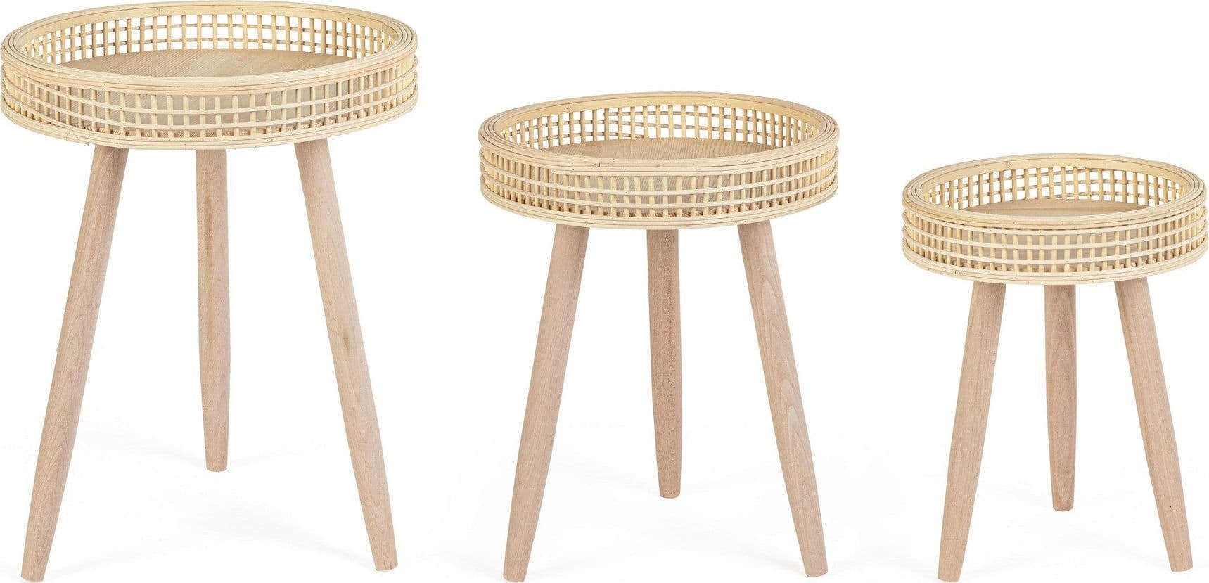 Tavolino "Almas" gambe in legno di pino e top in rattan per arredamento set da 3 in Console e tavoli da divano Decor Space - Altamura, commercioVirtuoso.it