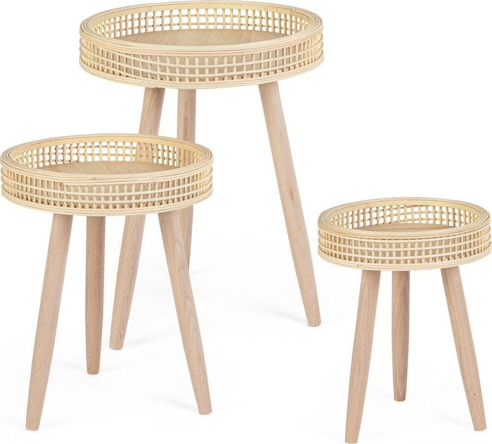 Tavolino "Almas" gambe in legno di pino e top in rattan per arredamento set da 3 in Console e tavoli da divano Decor Space - Altamura, commercioVirtuoso.it