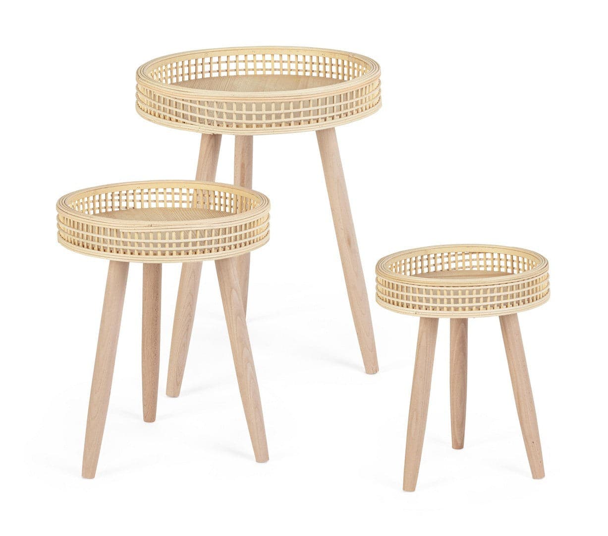 Tavolino "Almas" gambe in legno di pino e top in rattan per arredamento set da 3 in Console e tavoli da divano Decor Space - Altamura, commercioVirtuoso.it