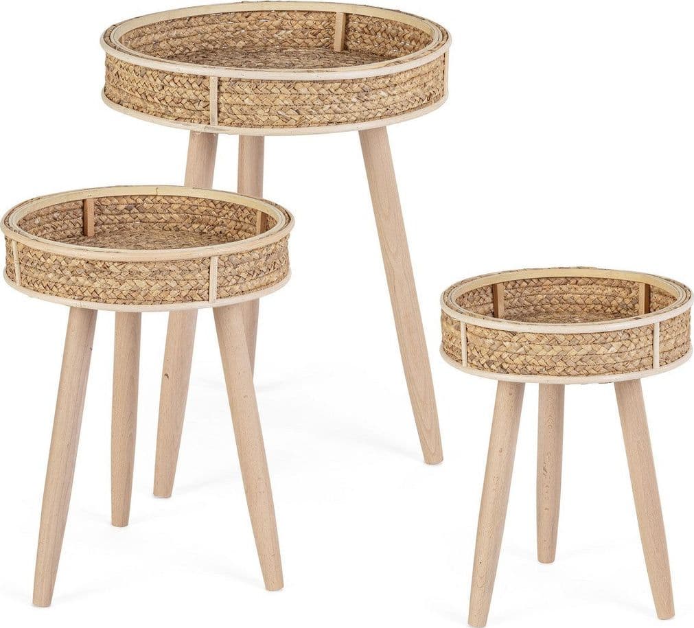 Tavolino "Clevon" struttura in materiale vegetale e rattan per arredamento set da 3 in Console e tavoli da divano Decor Space - Altamura, commercioVirtuoso.it
