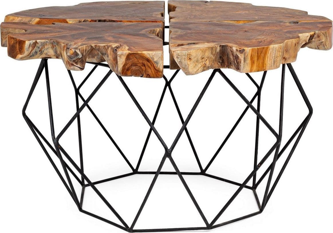 Tavolino "Adanya" gambe in acciaio e piano in radici di teak per arredamento in Console e tavoli da divano Decor Space - Altamura, commercioVirtuoso.it