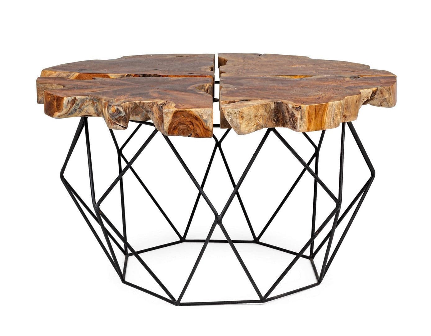 Tavolino "Adanya" gambe in acciaio e piano in radici di teak per arredamento in Console e tavoli da divano Decor Space - Altamura, commercioVirtuoso.it