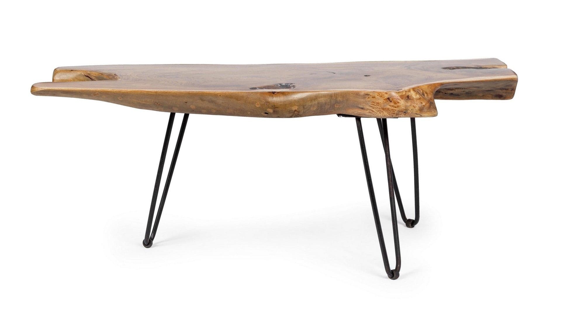 Tavolino "Adanya" gambe in acciaio e piano in radici di teak per arredamento in Console e tavoli da divano Decor Space - Altamura, commercioVirtuoso.it