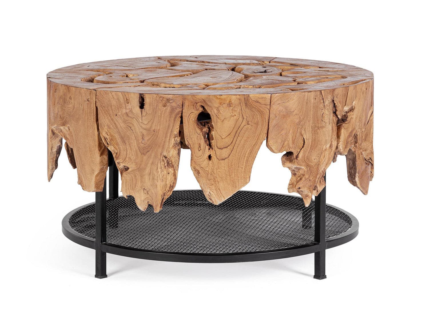 Tavolino "Grenada" base in acciaio e piano in radici di teak per interni in Console e tavoli da divano Decor Space - Altamura, commercioVirtuoso.it