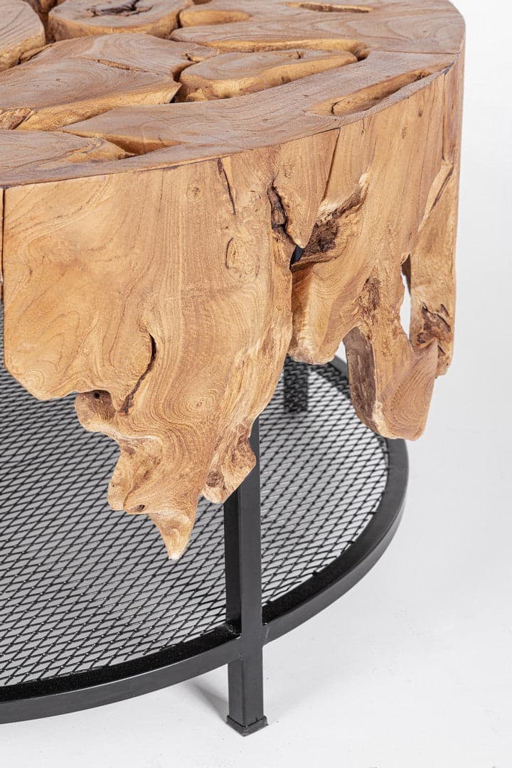 Tavolino "Grenada" base in acciaio e piano in radici di teak per interni in Console e tavoli da divano Decor Space - Altamura, commercioVirtuoso.it