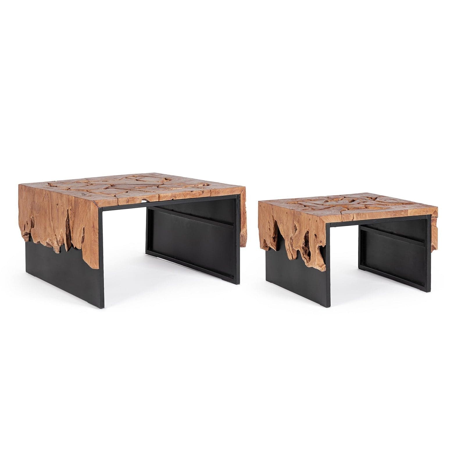 Tavolino "Grenada" base in acciaio e piano in radici di teak per interni in Console e tavoli da divano Decor Space - Altamura, commercioVirtuoso.it