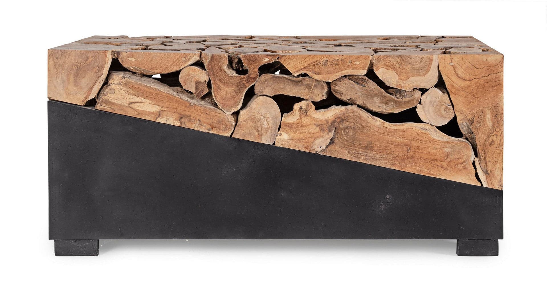 Tavolino "Grenada" base in acciaio e piano in radici di teak per interni in Console e tavoli da divano Decor Space - Altamura, commercioVirtuoso.it