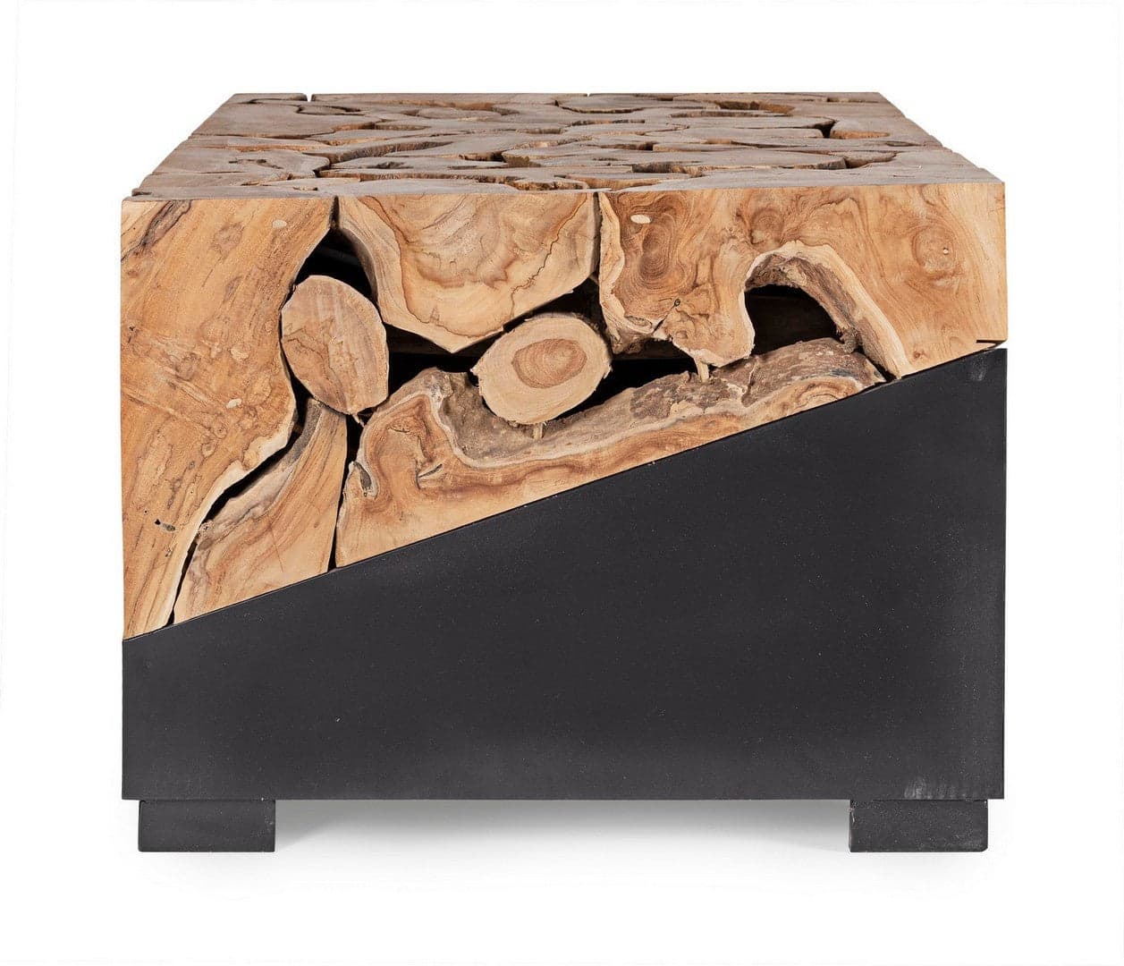 Tavolino "Grenada" base in acciaio e piano in radici di teak per interni in Console e tavoli da divano Decor Space - Altamura, commercioVirtuoso.it