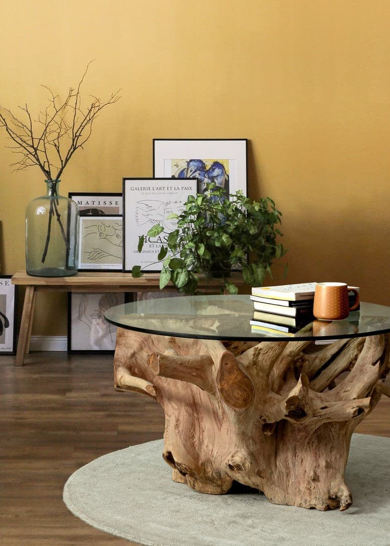 Tavolino "Rosalind" struttura in radici di teak e piano in vetro per interni in Console e tavoli da divano Decor Space - Altamura, commercioVirtuoso.it