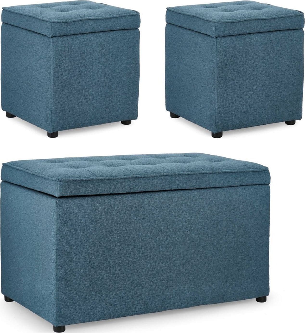 Pouf contenitore "Derrick" struttura in legno di pino rivestimento in poliestere per interno – Blu, Set da 3 – Bizzotto
