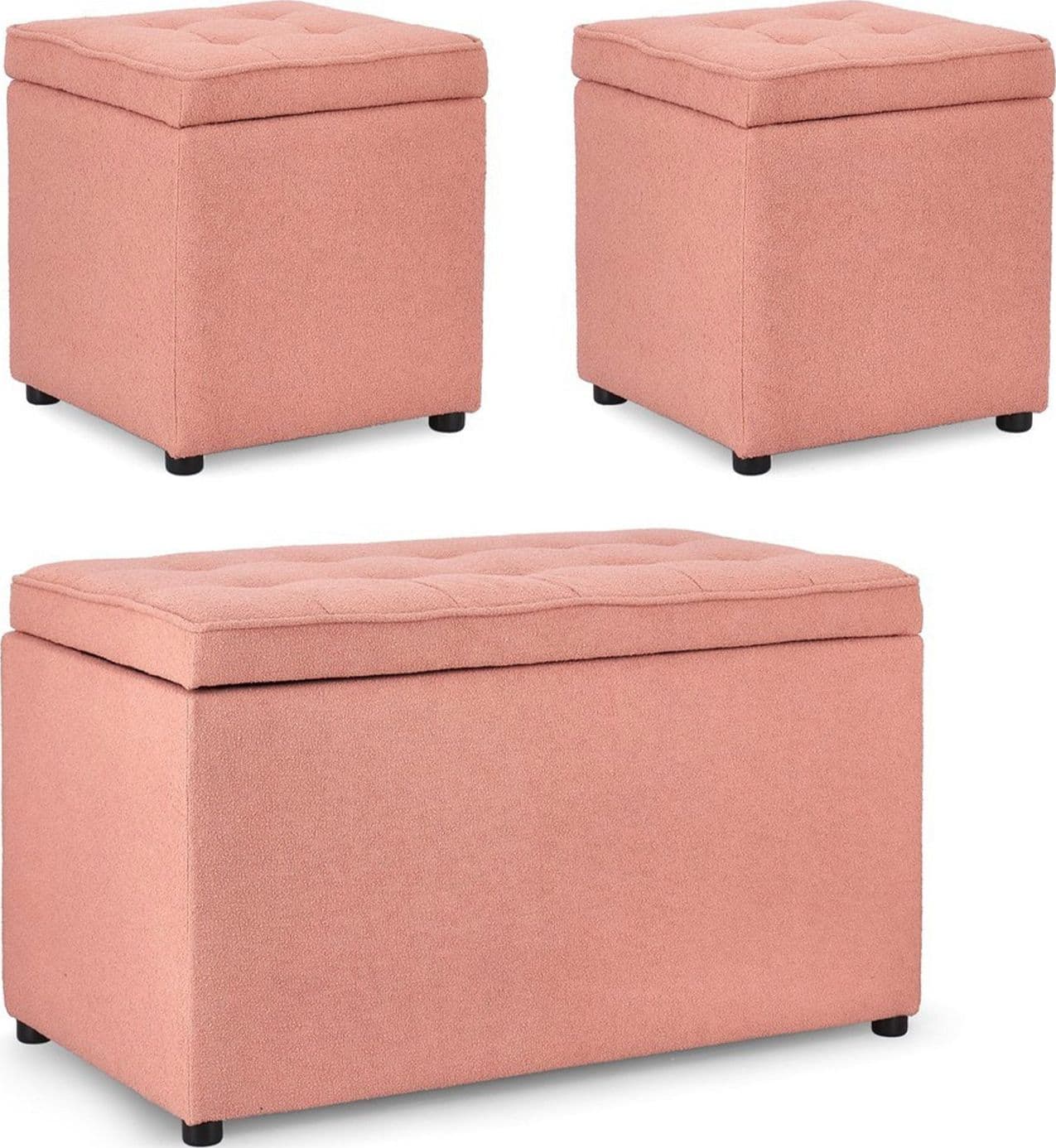 Pouf contenitore "Derrick" struttura in legno di pino rivestimento in poliestere per interno – Blush, Set da 3 – Bizzotto