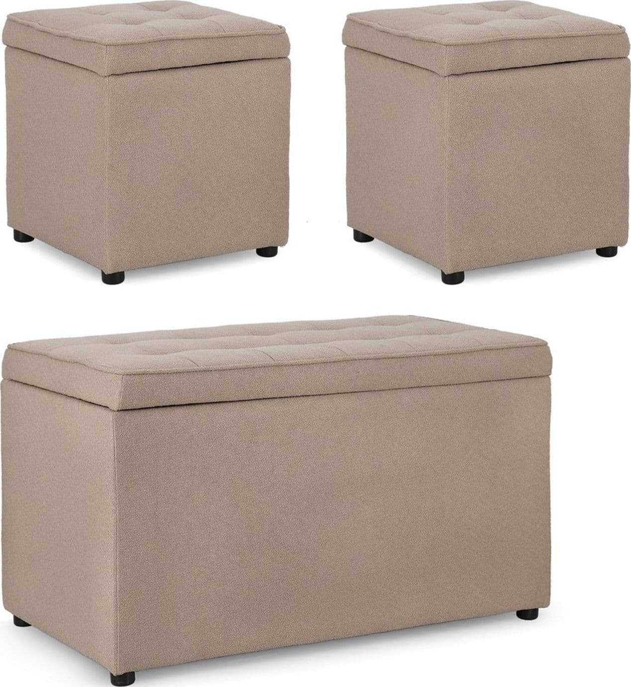 Pouf contenitore "Derrick" struttura in legno di pino rivestimento in poliestere per interno – Tortora, Set da 3 – Bizzotto