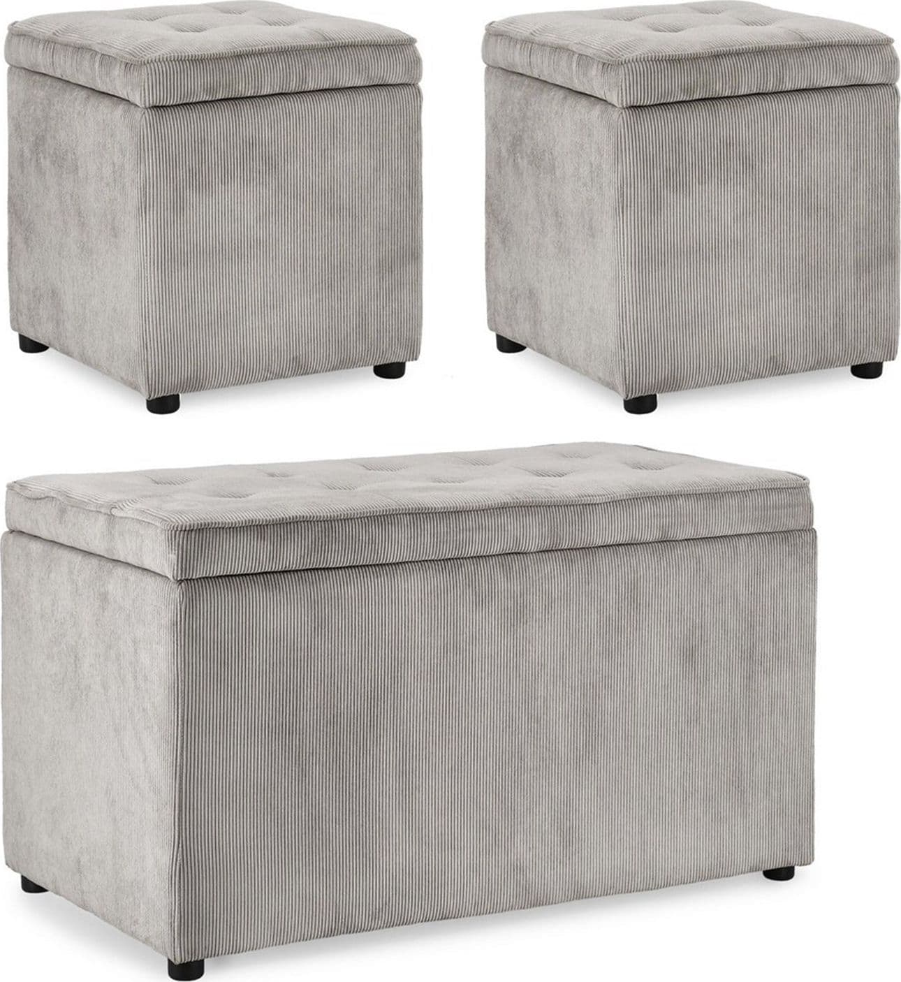 Pouf contenitore "Dylan" struttura in legno di pino rivestimento in poliestere per interno – Grigio, Set da 3 – Bizzotto