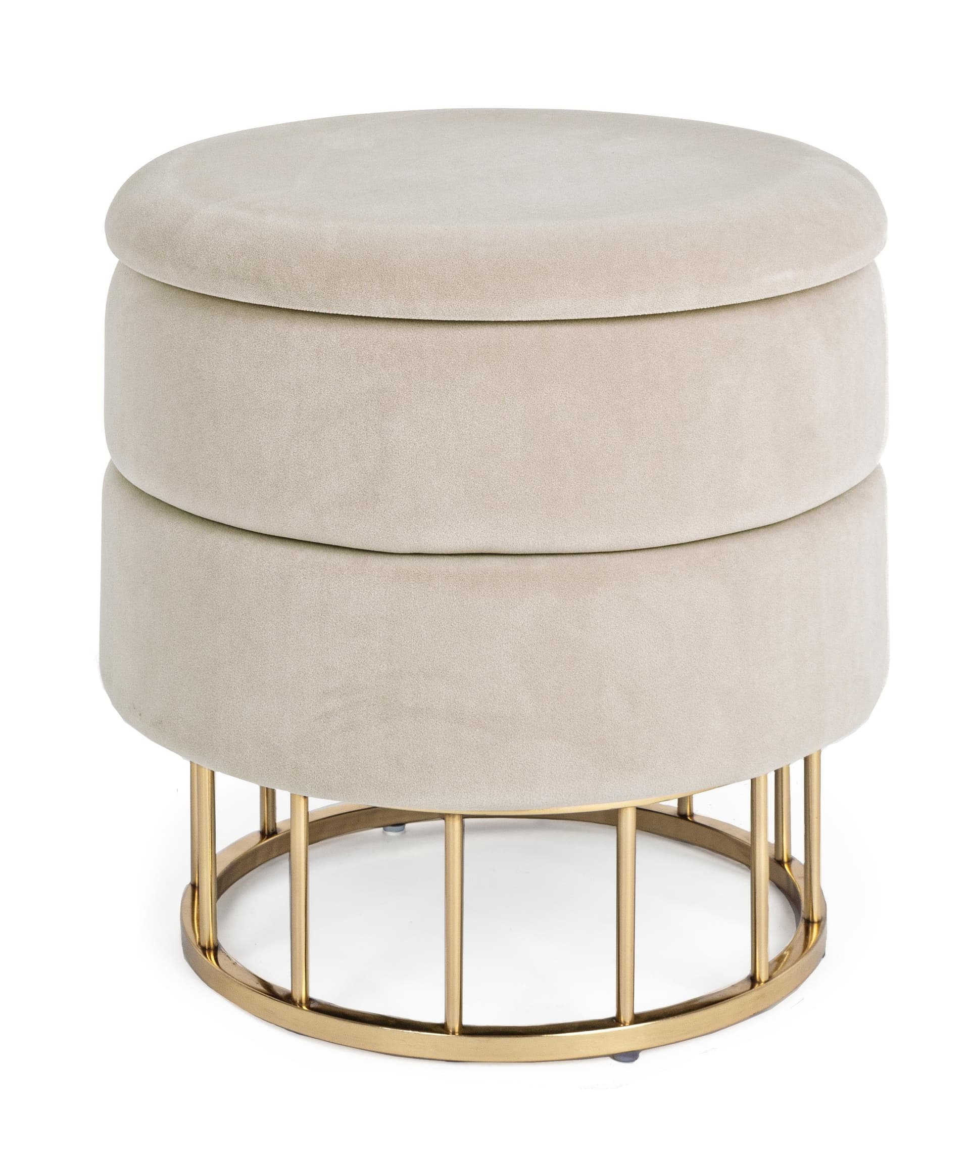 Pouf contenitore tondo con piede ottone "Pavlina" seduta in velluto arredamento moderno in Ottomane e poggiapiedi Decor Space - Altamura, commercioVirtuoso.it