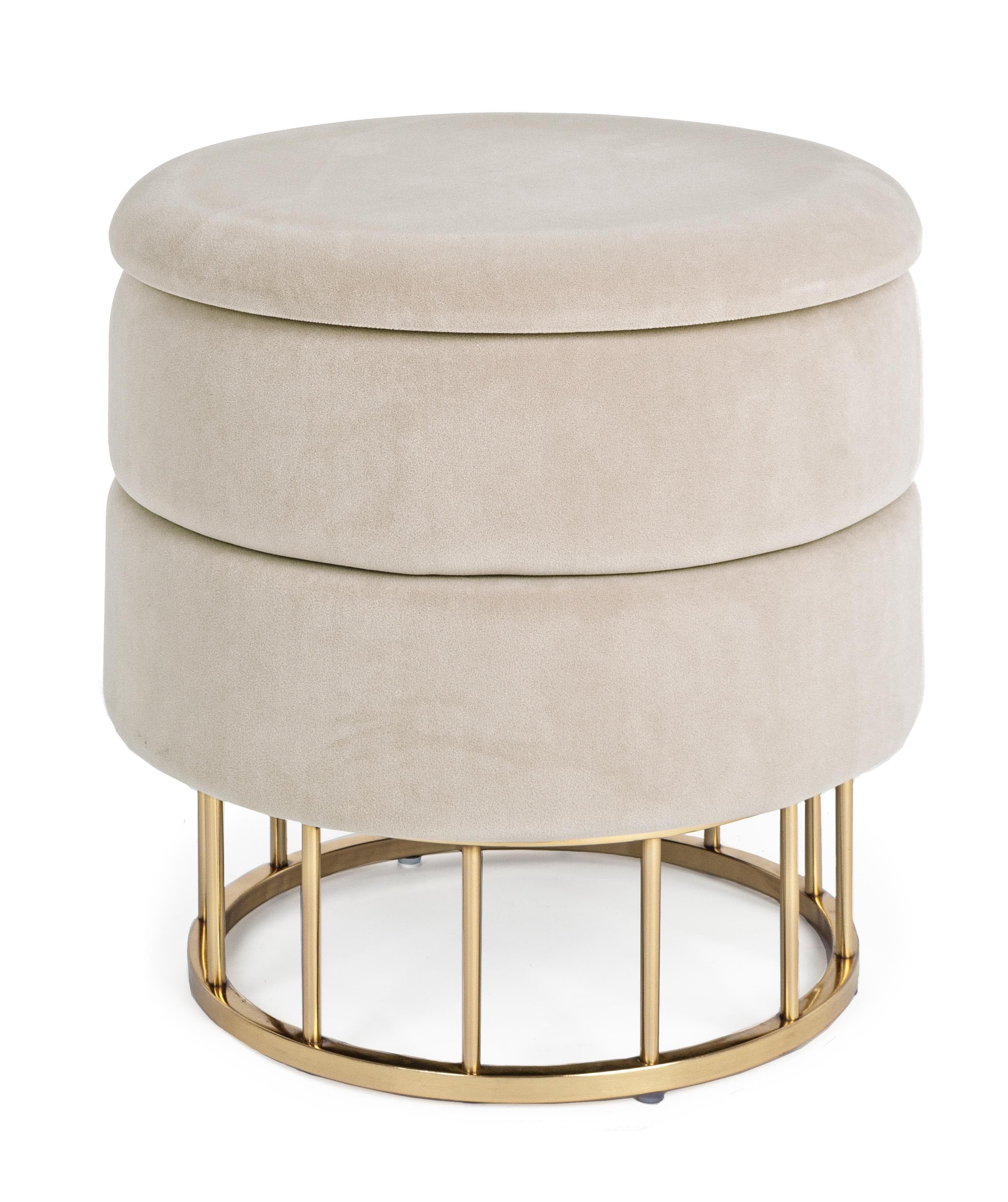 Pouf contenitore tondo con piede ottone "Pavlina" seduta in velluto arredamento moderno in Ottomane e poggiapiedi Decor Space - Altamura, commercioVirtuoso.it