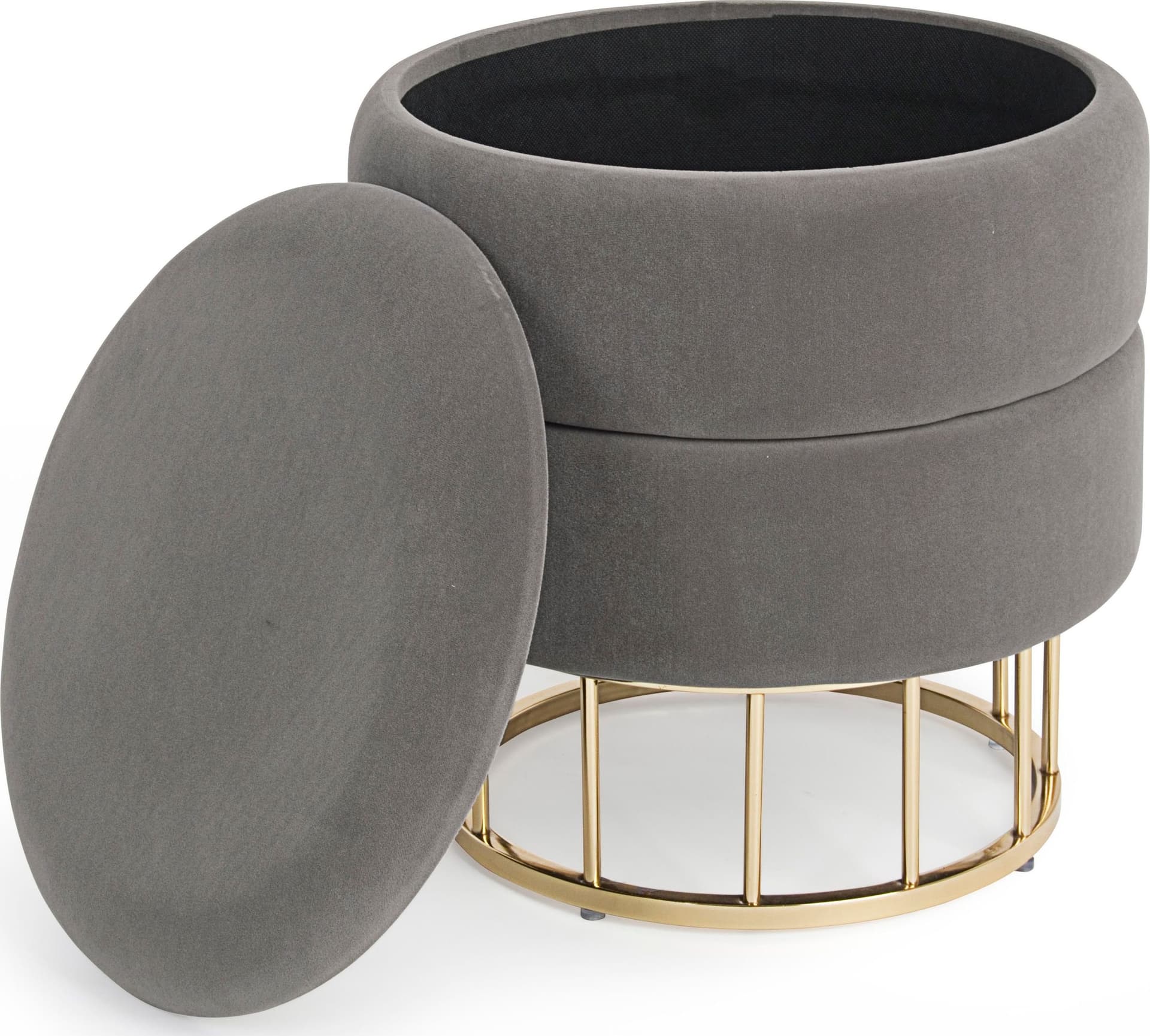 Pouf contenitore tondo con piede ottone "Pavlina" seduta in velluto arredamento moderno in Ottomane e poggiapiedi Decor Space - Altamura, commercioVirtuoso.it