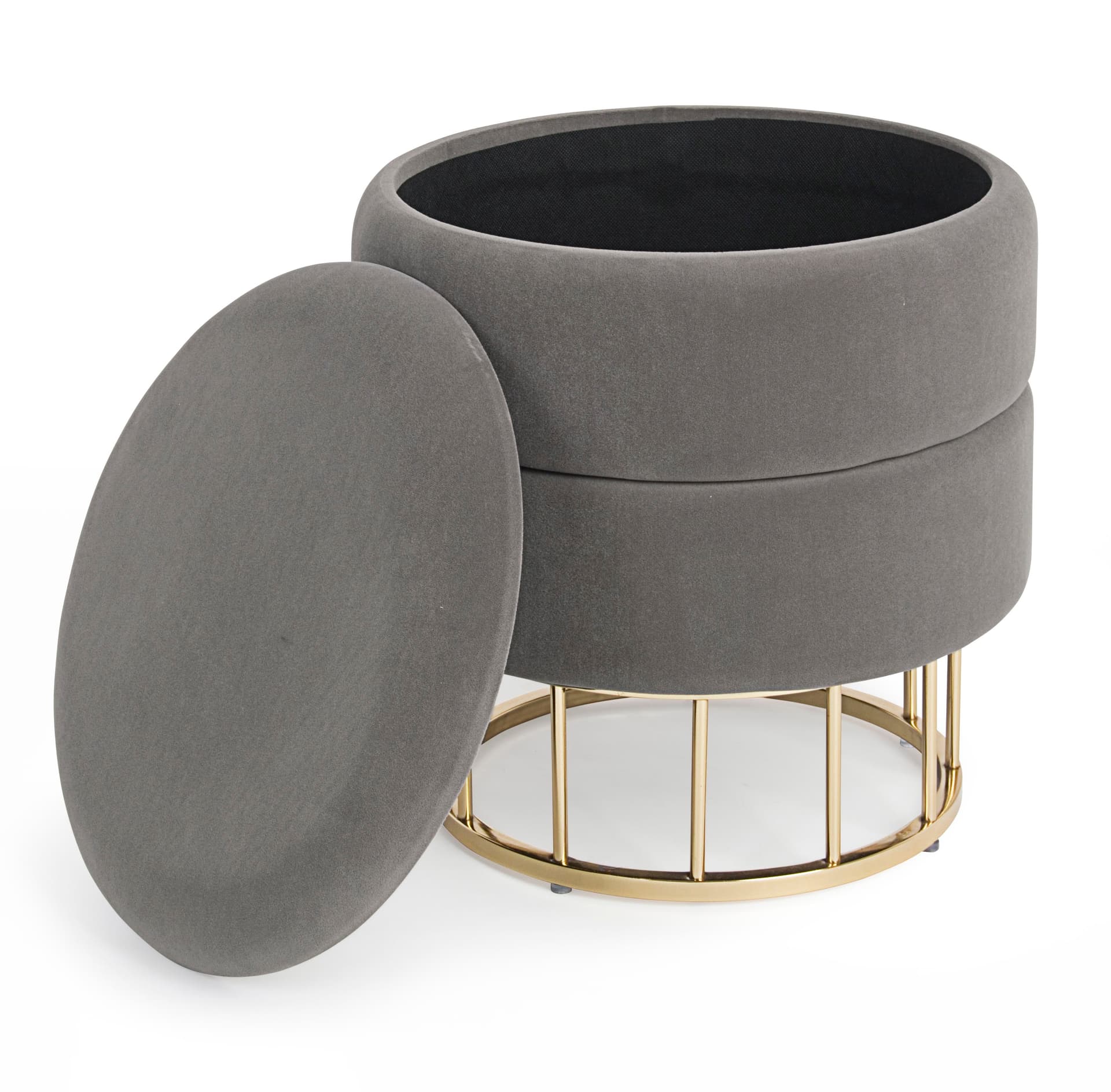 Pouf contenitore tondo con piede ottone "Pavlina" seduta in velluto arredamento moderno in Ottomane e poggiapiedi Decor Space - Altamura, commercioVirtuoso.it